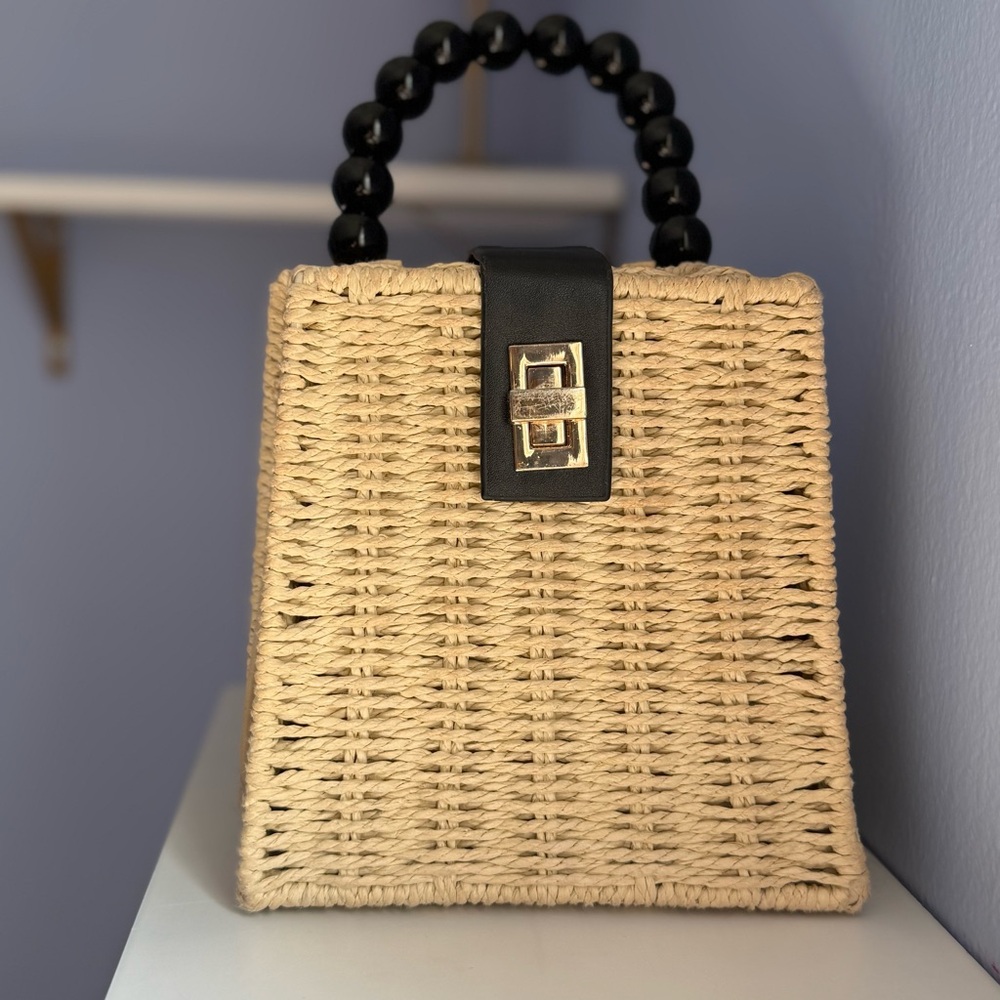 Structured Straw Box Bag Black Beaded Handle Gold Clasp